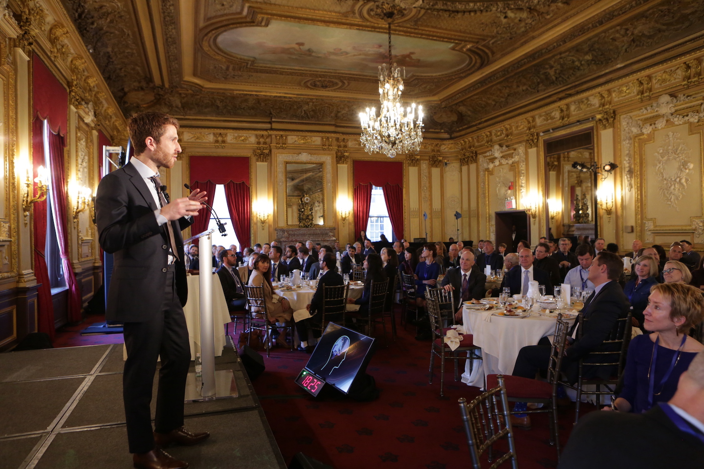 Tristan Harris speaking at the Cassandra Award presentation.